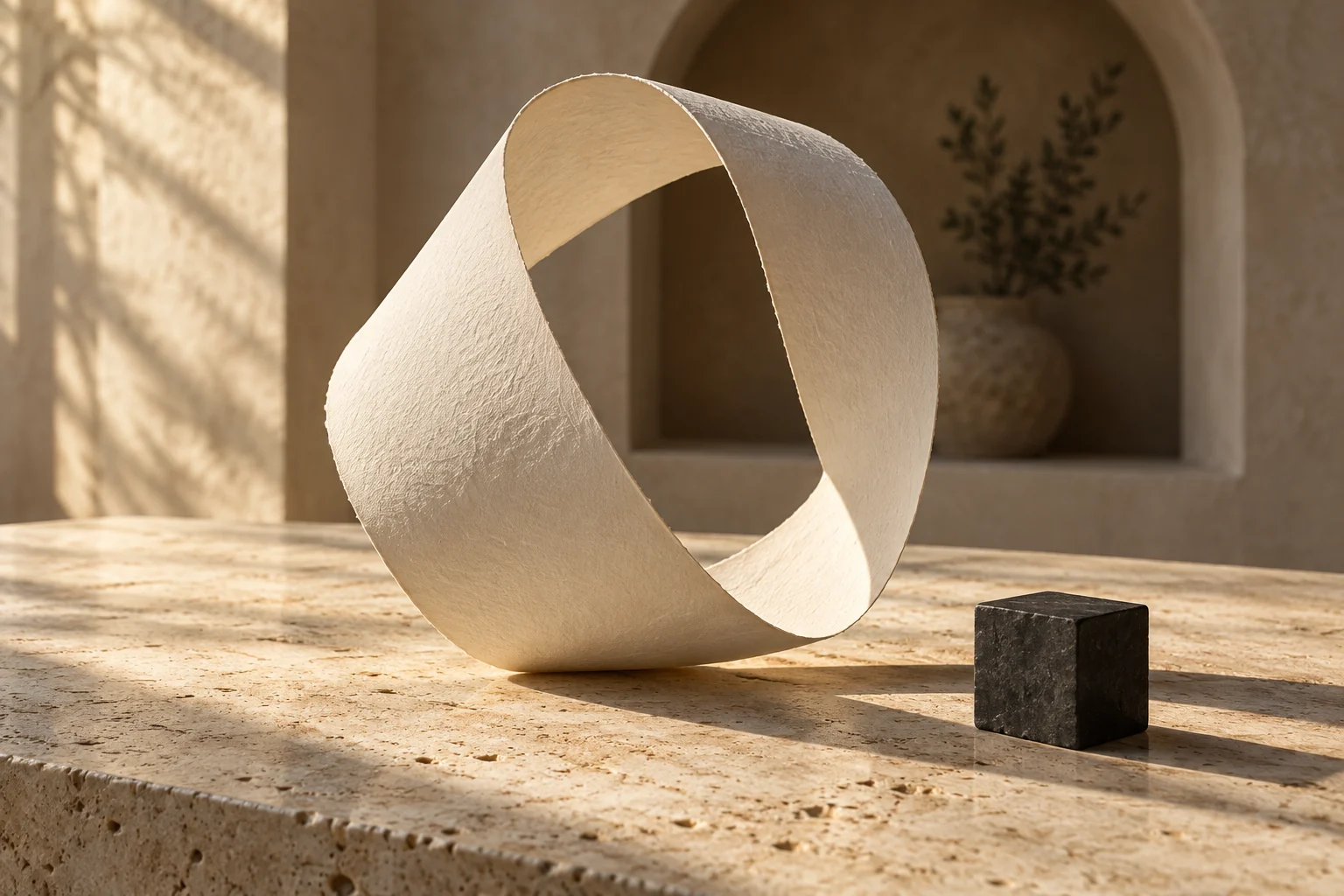 A loop of textured paper beside a small charcoal cube on sunlit stone.