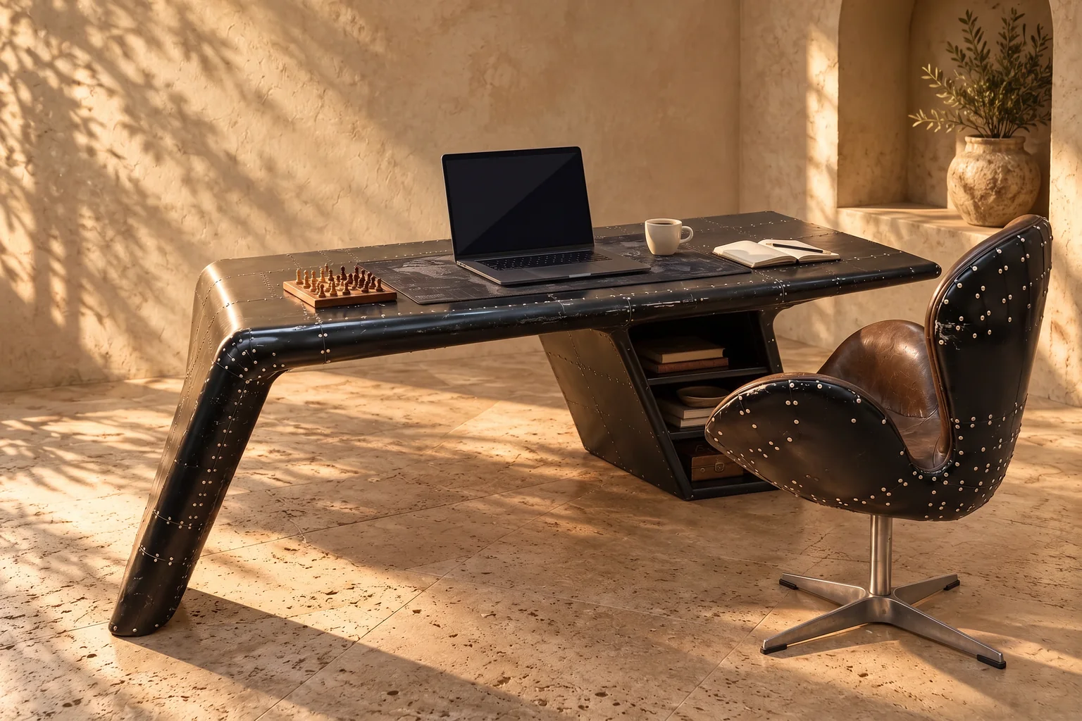 The riveted airplane-wing desk and brown leather chair, imagined in a warm room with afternoon light.